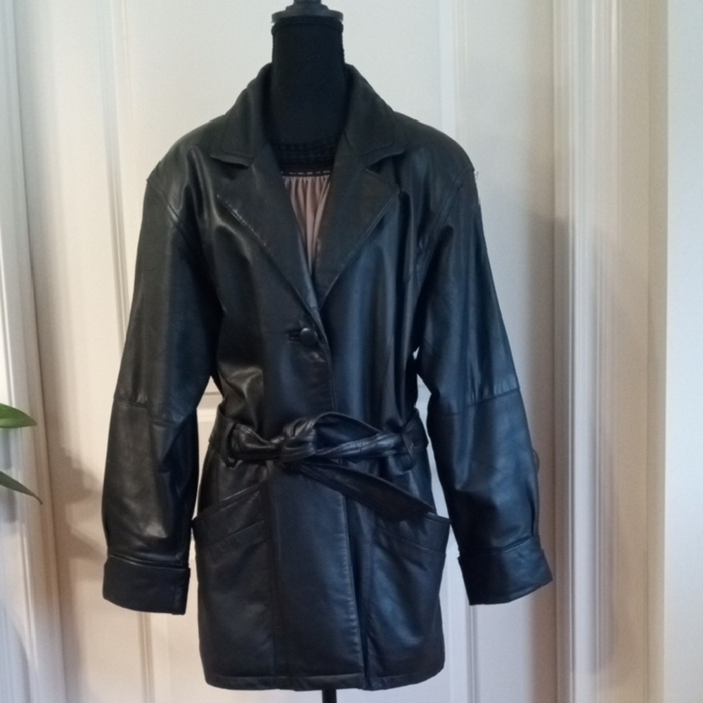 Classic Black Genuine Leather Belted Jacket Size Small